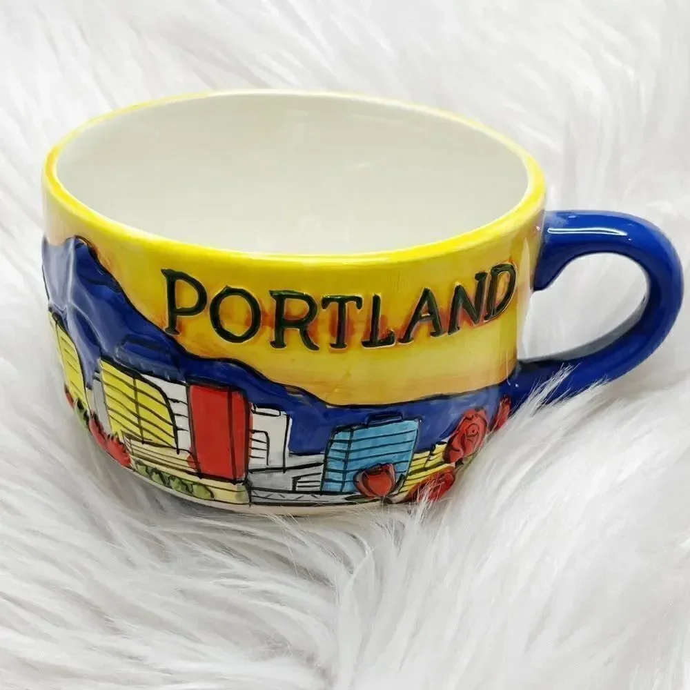 Portland Oregon Cappuccino Ceramic Mug Blue and Yellow Large